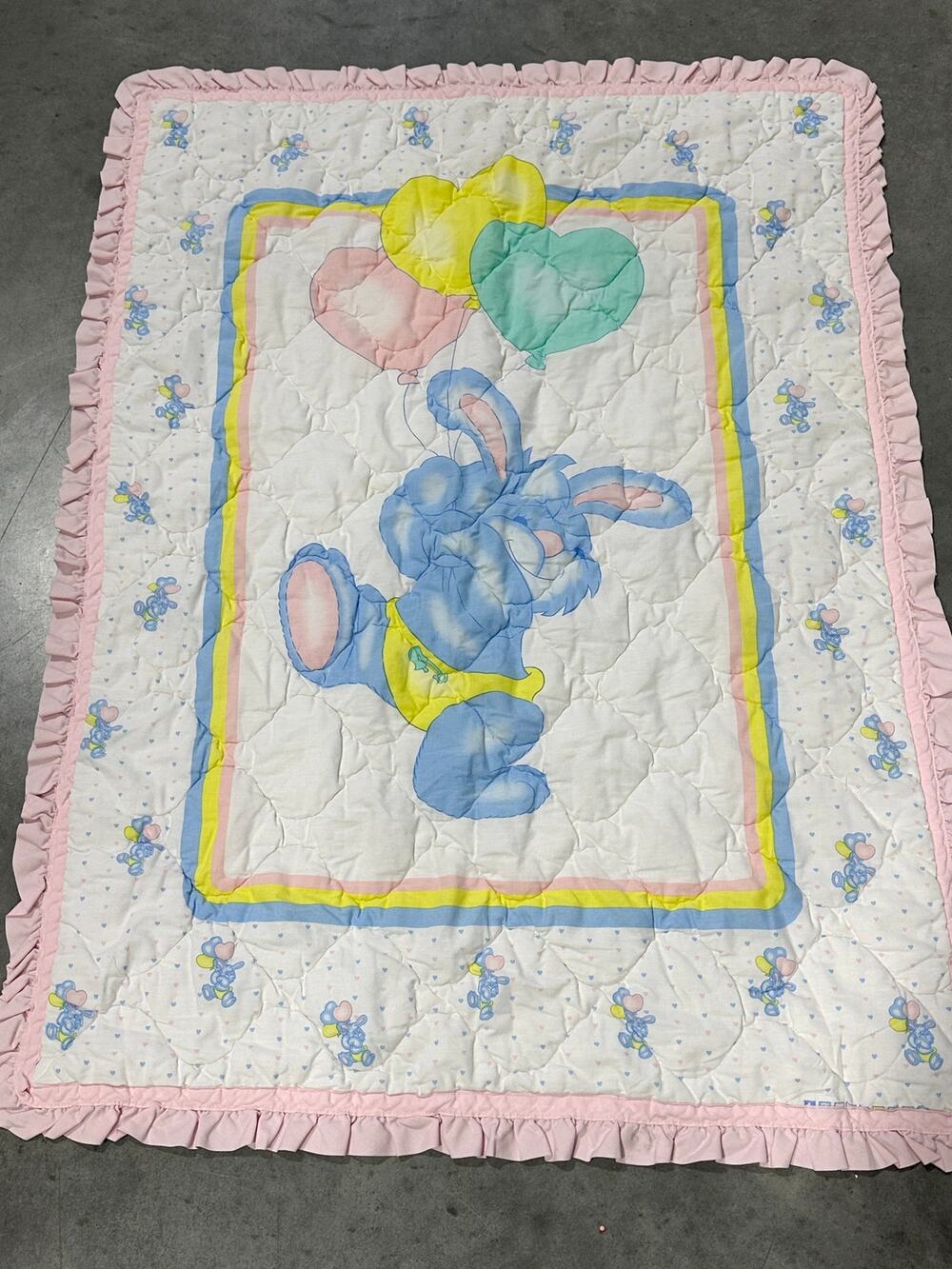 Cute Blue Bunny Baby Blanket 44x33" w Pink Ruffled Edge ~ 260914-WH 1327
